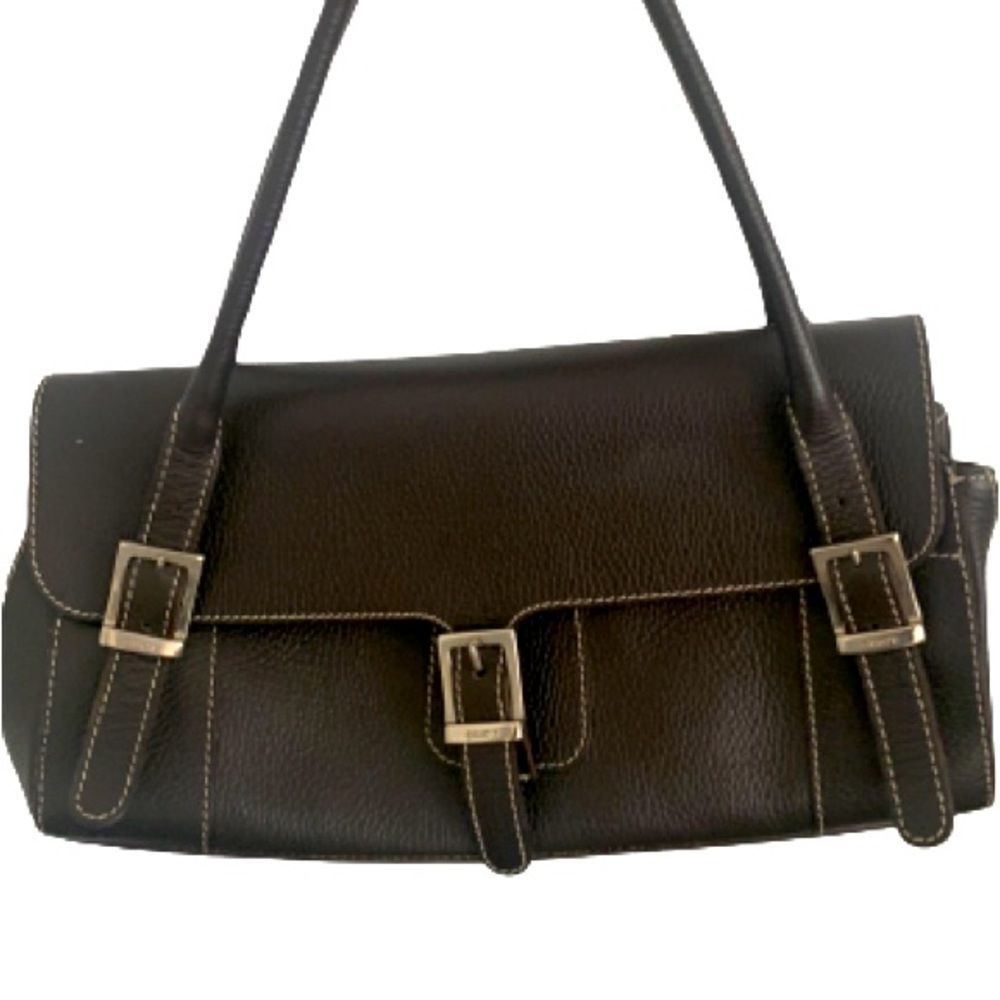 Guia’s Italian Black Leather Baguette Bag Triple Buckle Shoulder